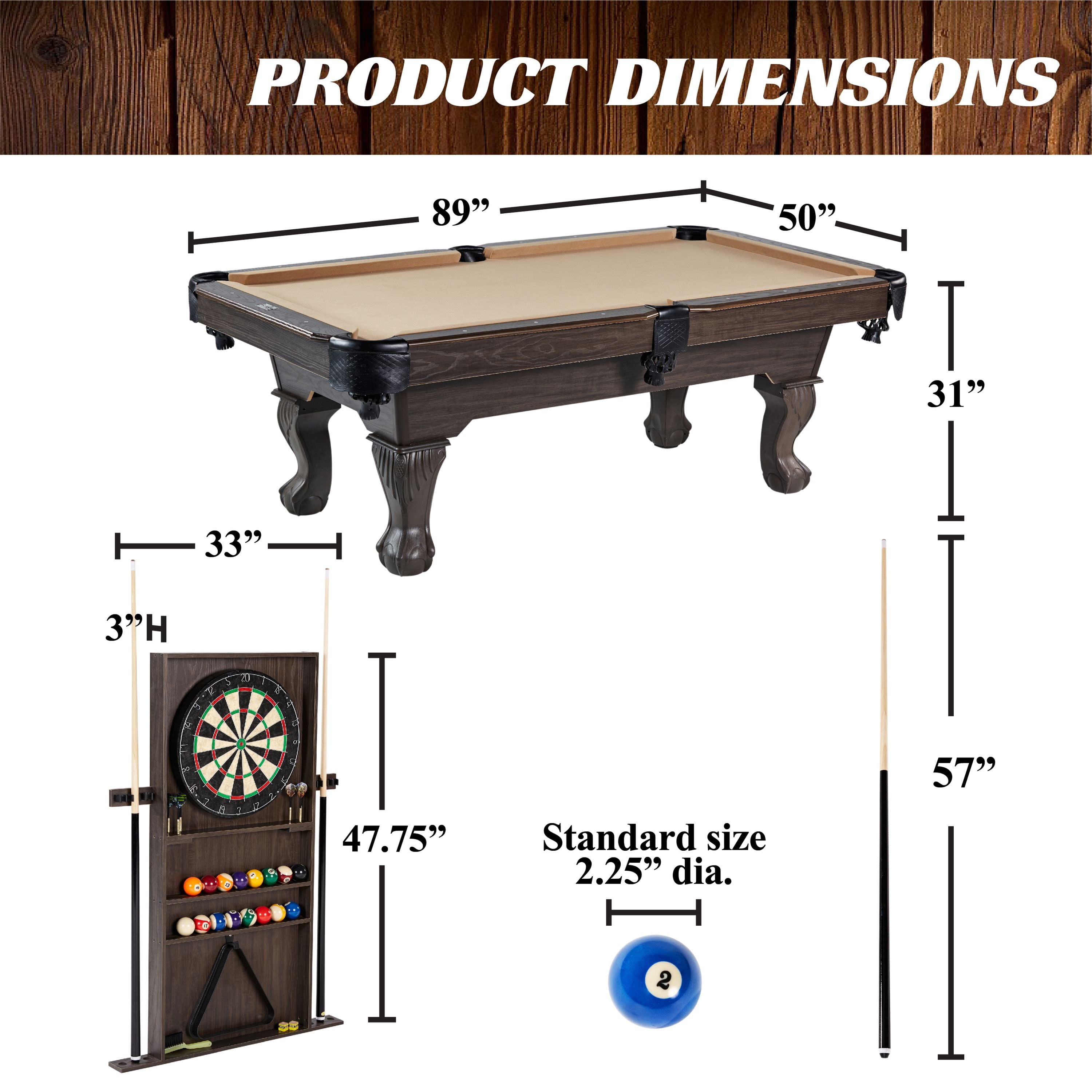 7.5 Ft Billiard Pool Table with Cue Rack, Dartboard, and Game Accessories, Tan, by