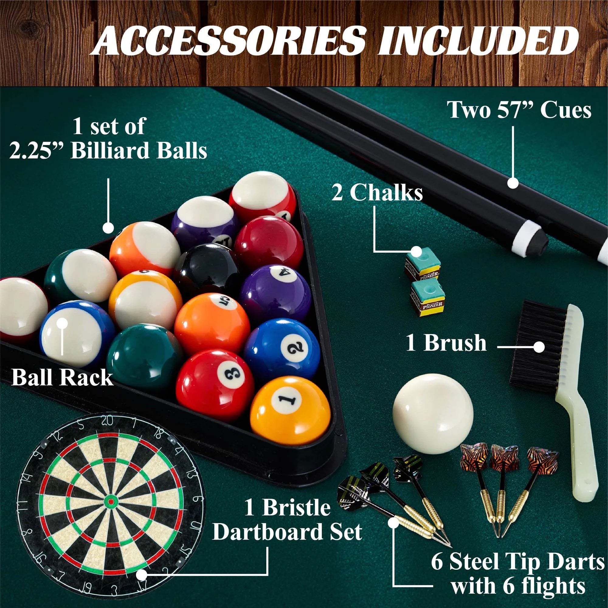 7.5 Ft Billiard Pool Table with Cue Rack, Dartboard, and Game Accessories - Green, by