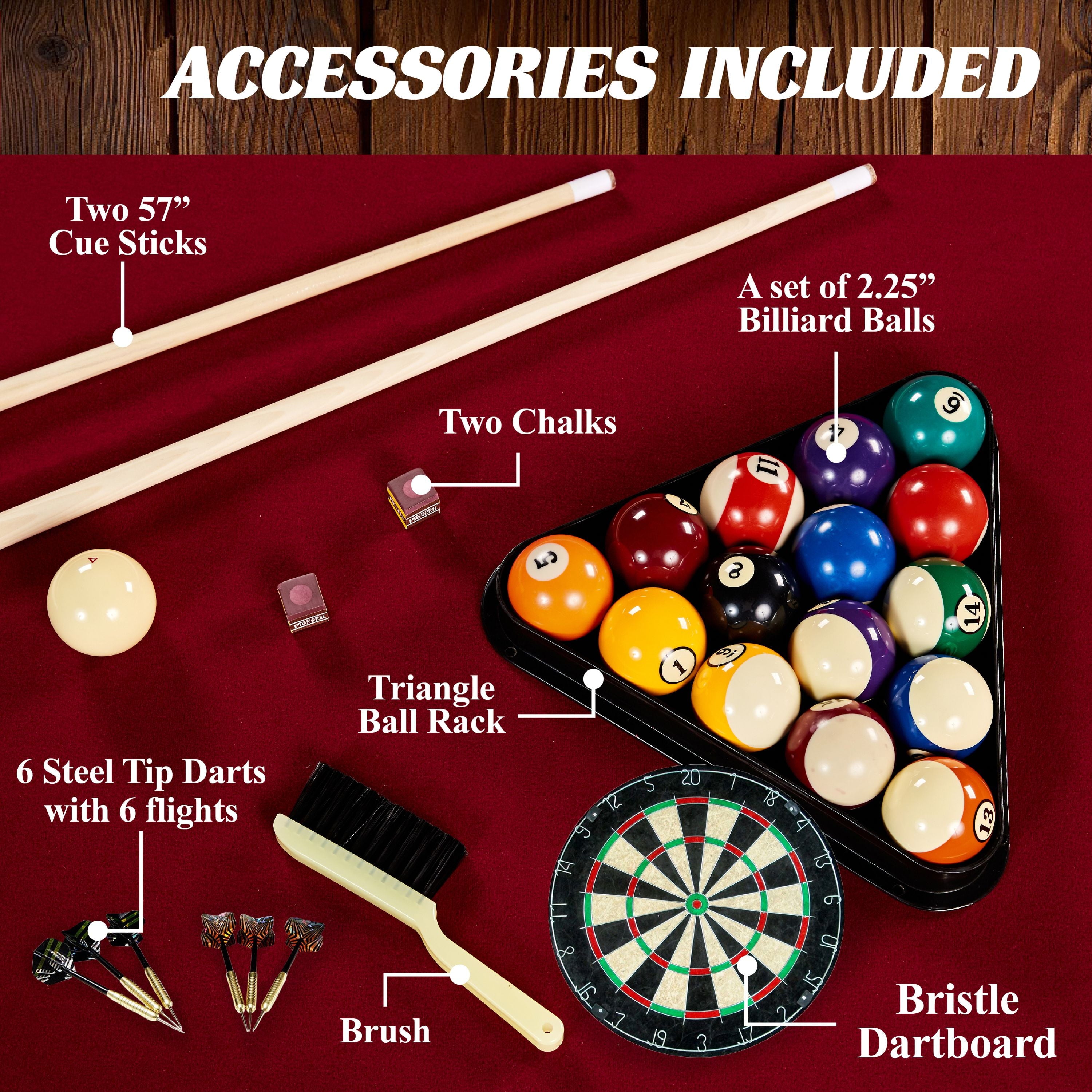 7.5 Ft Billiard Pool Table with Cue Rack, Dartboard, and Game Accessories, Burgundy, by
