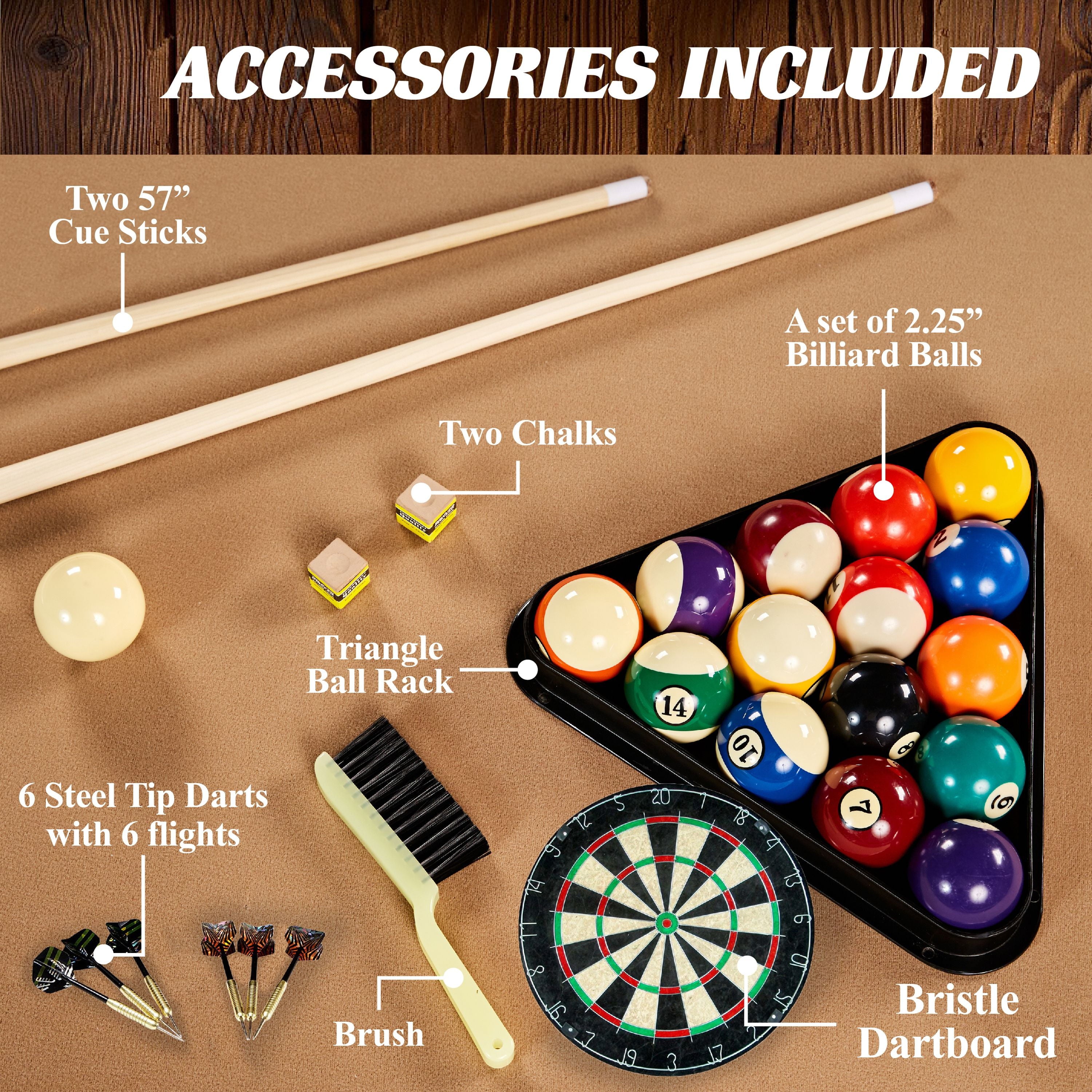 7.5 Ft Billiard Pool Table with Cue Rack, Dartboard, and Game Accessories, Tan, by